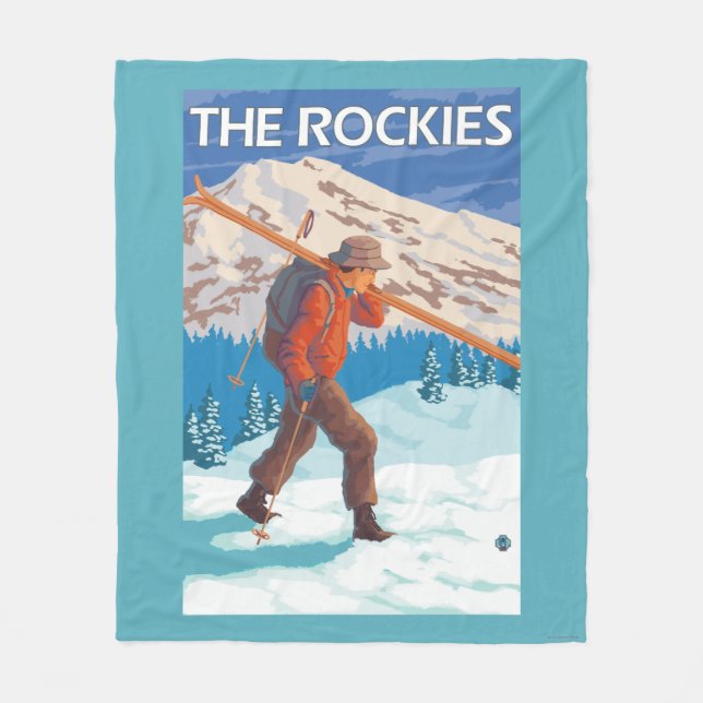 Skier Carrying Snow Skis - The Rockies Fleece Blanket (Front)