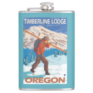 Skier Carrying Snow Skis - Timberline Lodge, OR Flask