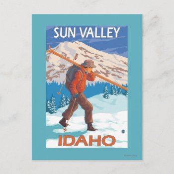 Skier Carrying Snow Skis- Vintage Travel 2 Postcard by LanternPress at Zazzle