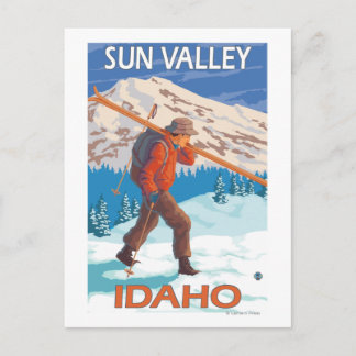 Skier Carrying Snow Skis- Vintage Travel 2 Postcard