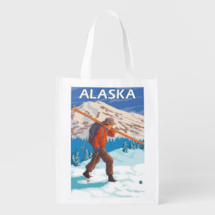 Skier Carrying Snow Skis- Vintage Travel 2 Reusable Grocery Bag