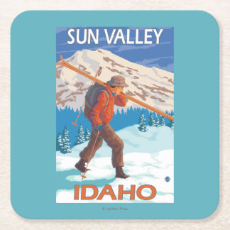 Skier Carrying Snow Skis- Vintage Travel 2 Square Paper Coaster