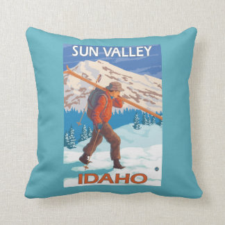 Skier Carrying Snow Skis- Vintage Travel 2 Throw Pillow