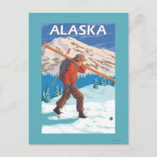Skier Carrying Snow Skis- Vintage Travel 3 Postcard