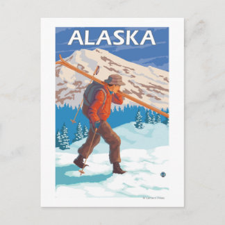 Skier Carrying Snow Skis- Vintage Travel 3 Postcard