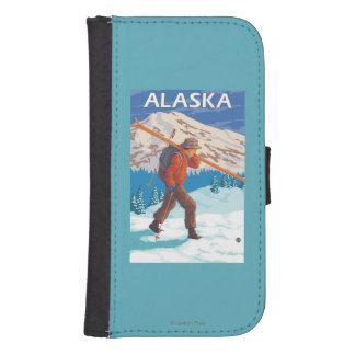 Skier Carrying Snow Skis- Vintage Travel 3 Galaxy S4 Wallet Case