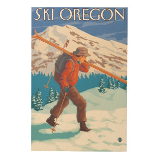 Skier Carrying Snow Skis- Vintage Travel 3 Wood Wall Decor