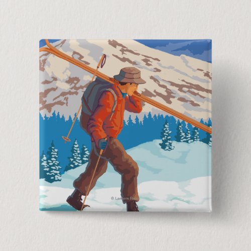 Skier Carrying Snow Skis_ Vintage Travel Button