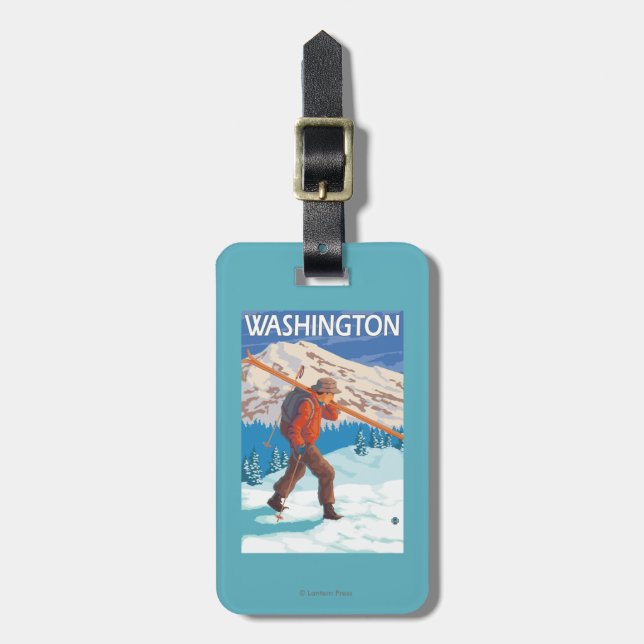Skier Carrying Snow Skis - Washington Luggage Tag (Front Vertical)