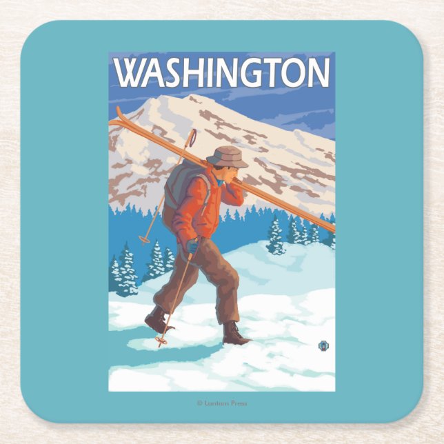 Skier Carrying Snow Skis - Washington Square Paper Coaster (Front)