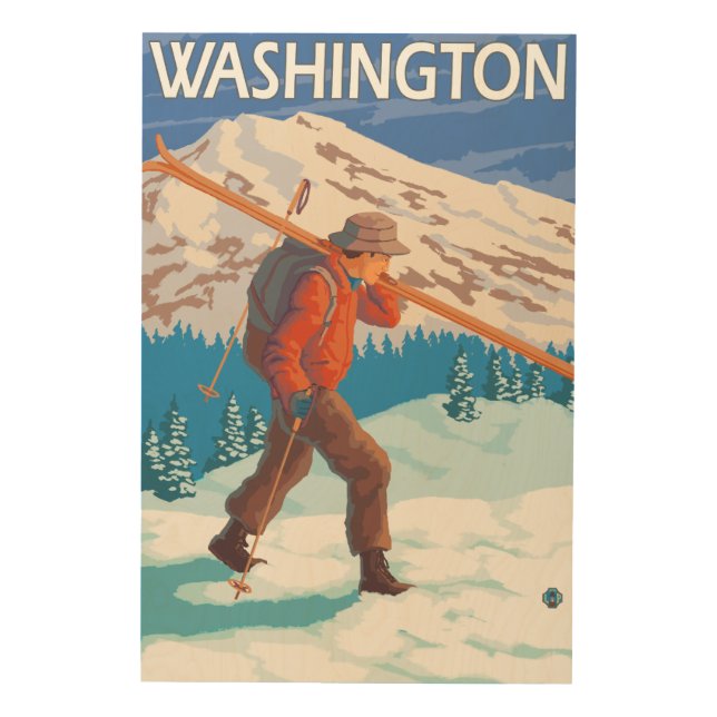 Skier Carrying Snow Skis - Washington Wood Wall Decor (Front)