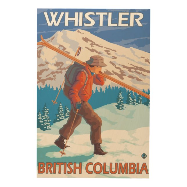 Skier Carrying Snow Skis - Whistler, BC Canada Wood Wall Art (Front)