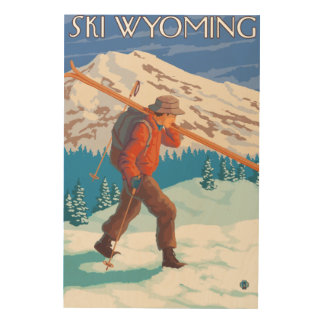 Skier Carrying Snow Skis - Wyoming Wood Wall Art
