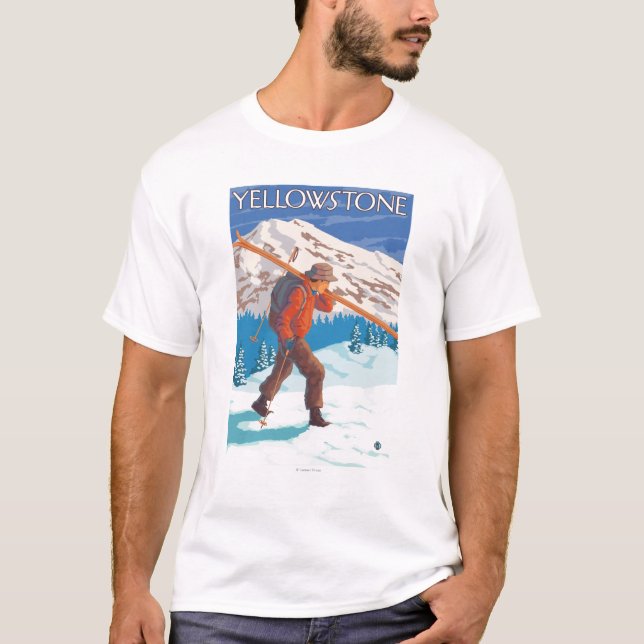 Skier Carrying Snow Skis - Yellowstone Nat'l T-Shirt (Front)