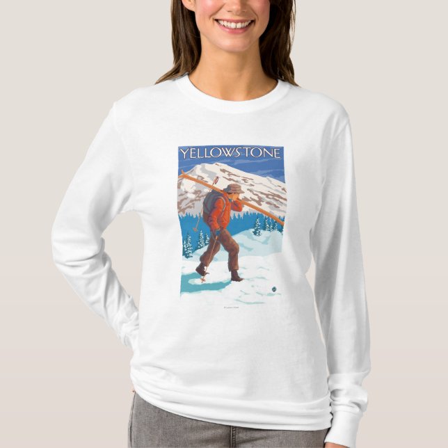 Skier Carrying Snow Skis - Yellowstone Nat'l T-Shirt (Front)