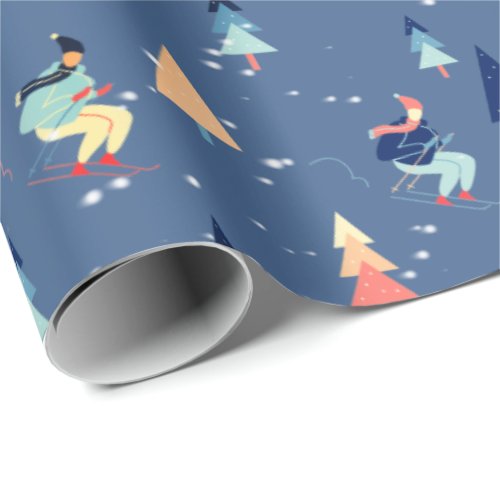 Skier In Snowflakes On Blue Wrapping Paper