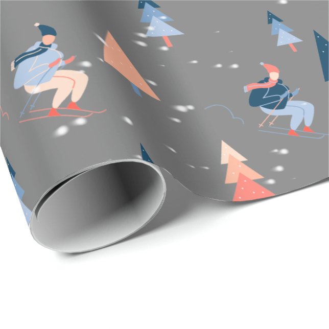 Skier In Snowflakes On Gray Wrapping Paper (Roll Corner)