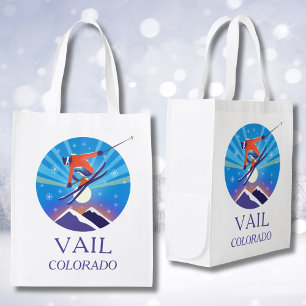 Skier In Snowy Night Sky Vail Colorado  Grocery Bag
