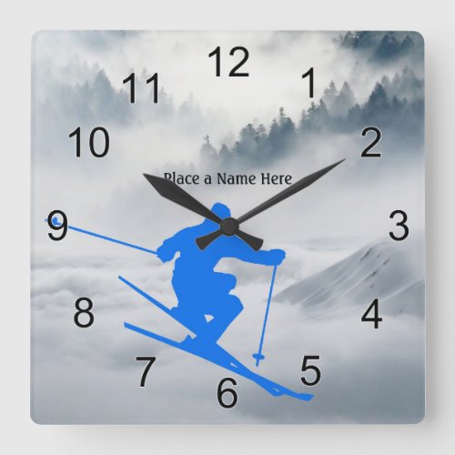 Skier silhouette blue on Foggy Snow image Square Wall Clock