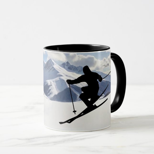 Skier Silhouette in snowy mountains Personalize Mug (Front Right)