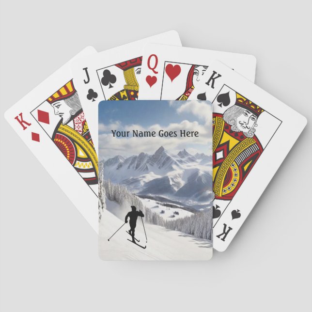 Skier silhouette on a snowy mountain poker cards (Back)