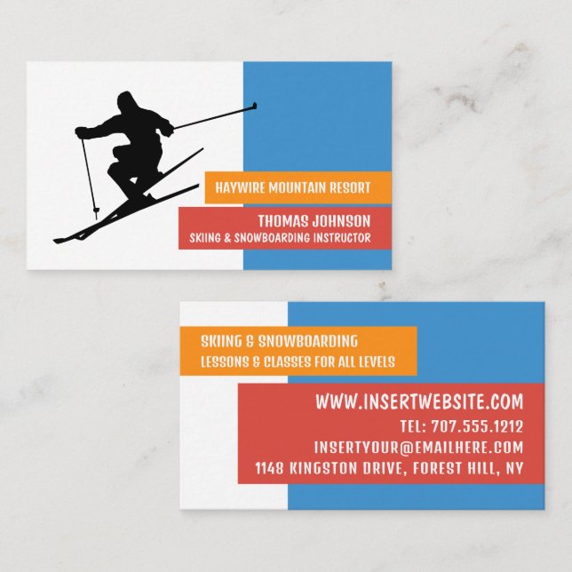 Skier Silhouette, Skier & Snowboarder Instructor Business Card (Front/Back)