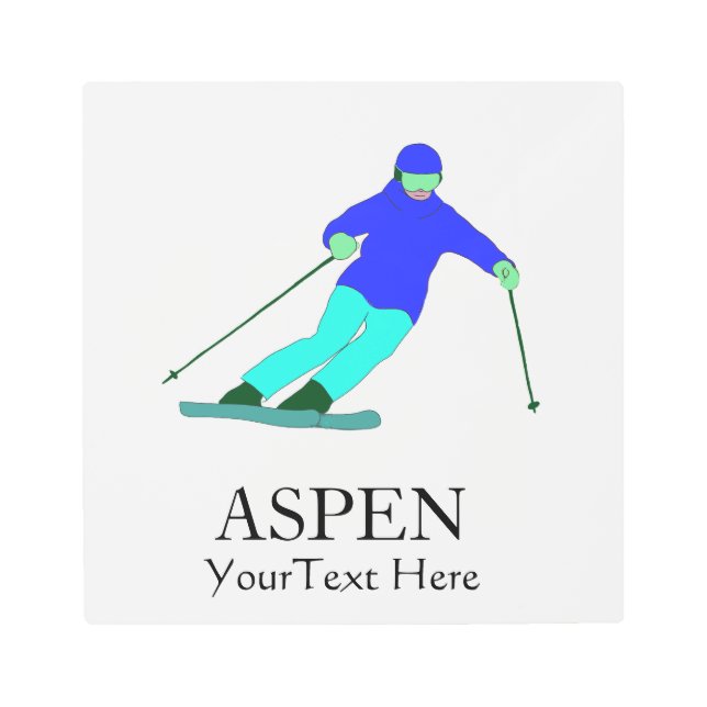 Skier Snow Skiing Ski Party Aspen Custom Text   Metal Print (Front)