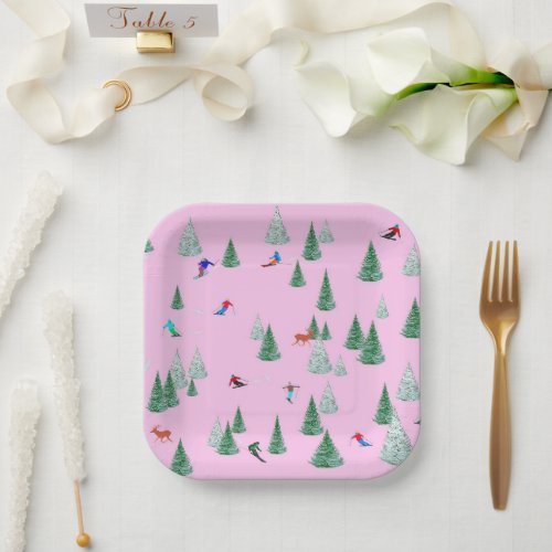 Skiers Alpine Skiing Downhill Races Pink Ski Party Paper Plates