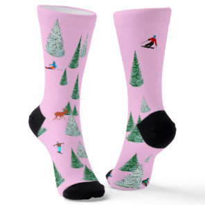 Skiers Alpine Skiing Downhill Races Pink Ski Party Socks