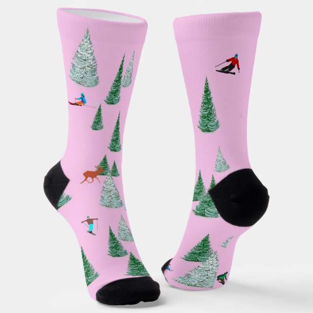 Skiers Alpine Skiing Downhill Races Pink Ski Party Socks (Angled)