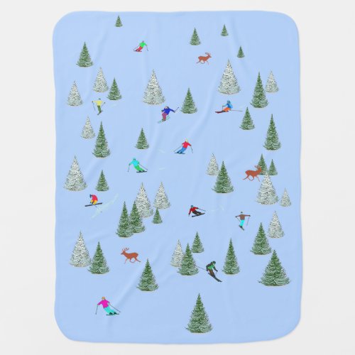 Skiers and Deer Winter Sports Vacation   Baby Blanket