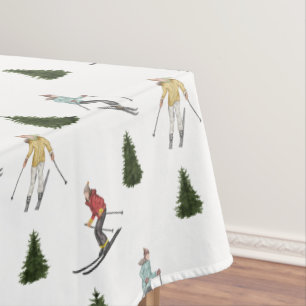 Skiers And Fir Trees Watercolor Christmas Pattern Tablecloth