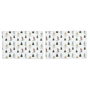 Skiers And Fir Trees Watercolor Winter Pattern Pillow Case