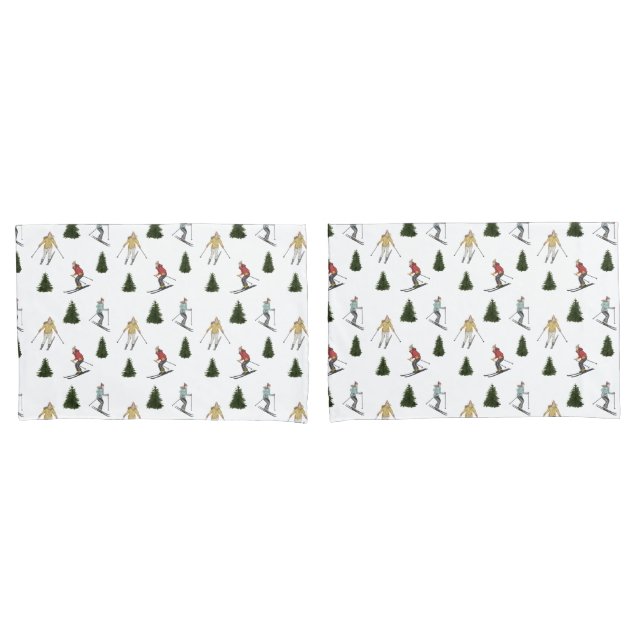 Skiers And Fir Trees Watercolor Winter Pattern Pillow Case (Front-Set)