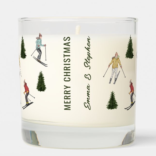 Skiers And Fir Trees With Custom Text Christmas Scented Candle (Left)