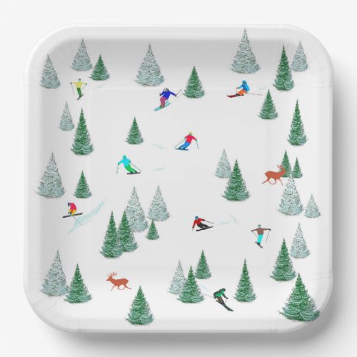 Skiers Downhill Skiing Design Ski Party Paper Plates