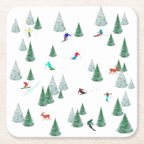 Skiers Downhill Skiing Design Ski Party   Square Paper Coaster