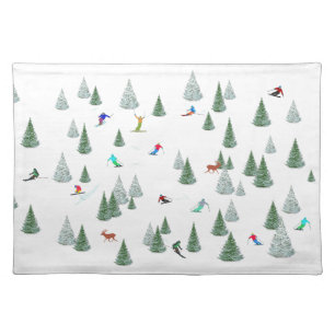 Skiers Downhill Skiing Illustration Cloth Placemat
