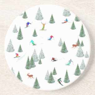 Skiers Downhill Skiing Illustration  Coaster