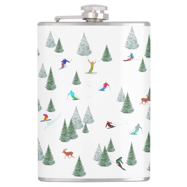 Skiers Downhill Skiing Illustration  Flask (Front)