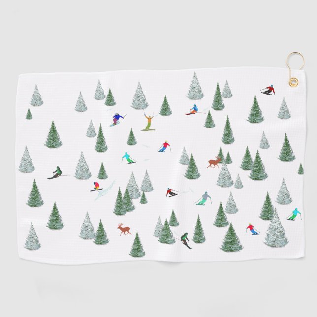 Skiers Downhill Skiing Illustration  Golf Towel (Horizontal)