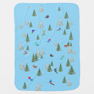 Skiers Downhill Skiing Illustration Pale Blue Baby Blanket