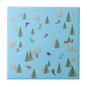 Skiers Downhill Skiing Illustration Pale Blue Ceramic Tile
