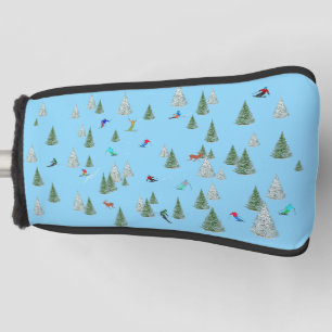Skiers Downhill Skiing Illustration Pale Blue Golf Head Cover