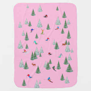 Skiers Downhill Skiing Illustration Pink Baby Blanket