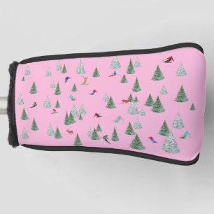 Skiers Downhill Skiing Illustration Pink Golf Head Cover