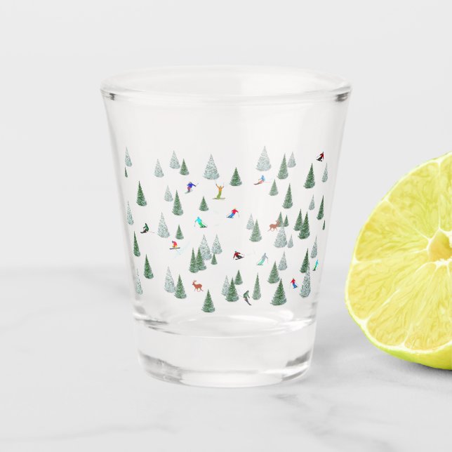 Skiers Downhill Skiing Illustration  Shot Glass (Front)