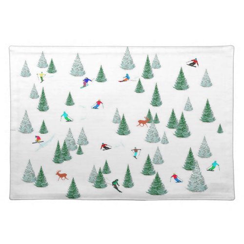 Skiers Downhill Skiing Illustration Ski Party   Cloth Placemat