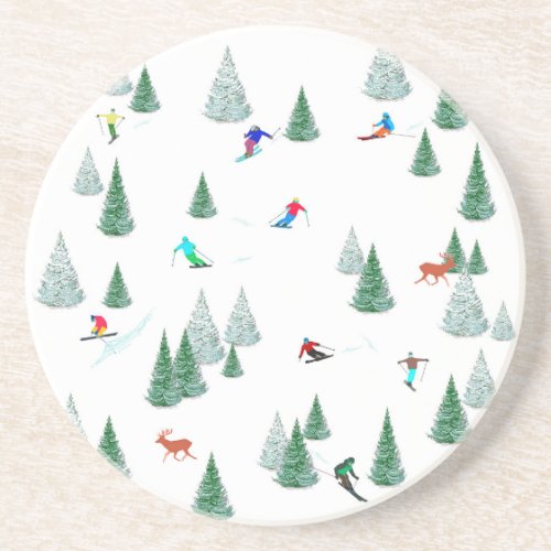 Skiers Downhill Skiing Illustration Ski Party   Coaster