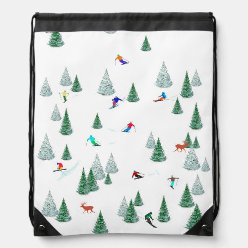 Skiers Downhill Skiing Illustration Ski Party  Drawstring Bag